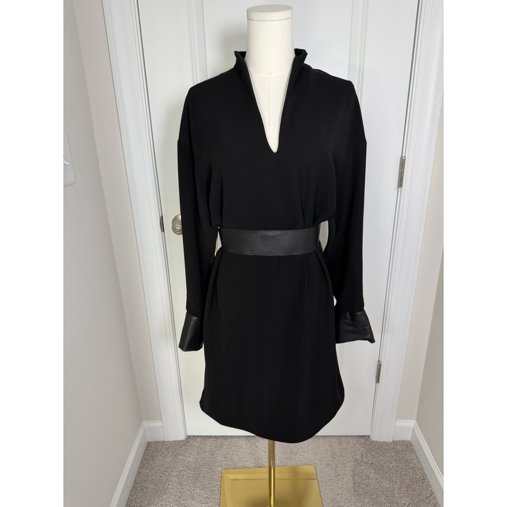 Vince Women's V Neck Black Dress Faux Leather Belt Size Small Long Sleeve New